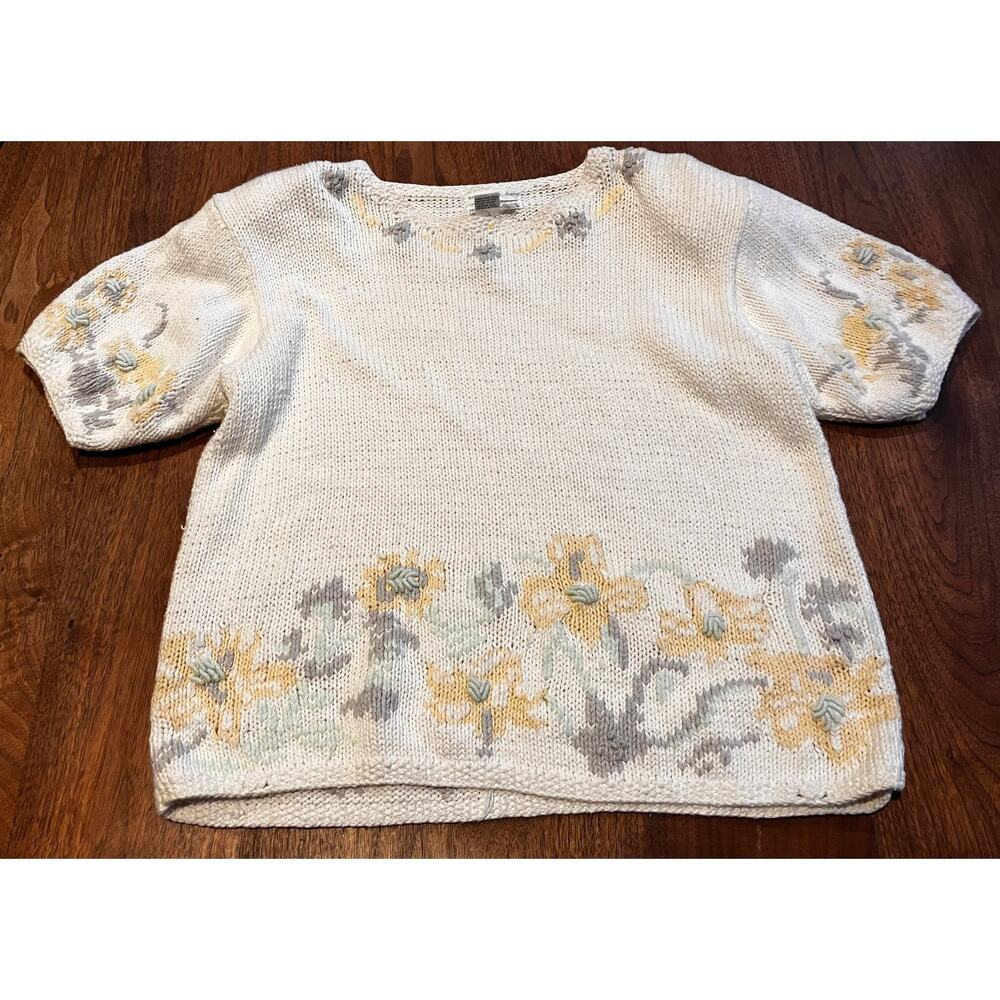 Jennifer Reed SMALL Women's Cream Floral Sweater SHORT SLEEVE Ramie Cotton Boho‎